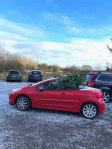 Red convertible car with Christmas tree in thepassenger seat